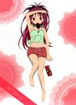  absurdres arm_up armpits bare_legs bare_shoulders barefoot bloomers camisole food_in_mouth hand_on_own_head highres mahou_shoujo_madoka_magica midriff mouth_hold navel official_art red_eyes red_hair sakura_kyouko snack solo underwear 