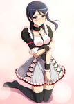  black_hair black_legwear blue_eyes blush collar collarbone cosplay full_body hair_ornament hairclip highres hina_(araburu-hinadori) idolmaster idolmaster_dearly_stars kneeling maid mizutani_eri simple_background solo suzuki_ayane suzuki_ayane_(cosplay) thigh_strap thighhighs white_background wrist_cuffs zettai_ryouiki 