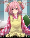  apron bell book character_name checkered checkered_shirt clothes_writing hair_bell hair_ornament jingle_bell long_sleeves looking_at_viewer motoori_kosuzu pink_hair red_eyes shigure_rin shirt short_hair smile solo touhou two_side_up wide_sleeves 