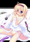  alice_margatroid anal_beads blonde_hair blue_eyes blush breasts cameltoe collarbone dildo egg_vibrator enema hairband izumi_yukiru letterboxed looking_at_viewer nipples open_clothes open_shirt panties shirt short_hair sitting skirt skirt_lift small_breasts solo tears too_many too_many_sex_toys touhou underwear vibrator yellow_panties 