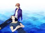  asurafkmt black_hair brown_hair caster_(fate/zero) fate/zero fate_(series) jacket lap_pillow multiple_boys partially_submerged purple_jacket robe sleeping uryuu_ryuunosuke water 