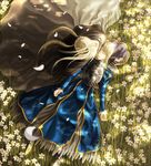  1girl ahoge artoria_pendragon_(all) bedivere blonde_hair braid cape doora_(dora0913) dress fate/stay_night fate_(series) field flower flower_field from_above juliet_sleeves long_sleeves petals puffy_sleeves saber twintails white_hair 