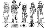  3girls america england flag germany greyscale japan maniacykt military monochrome multiple_boys multiple_girls russia self_upload sketch soviet uniform 