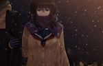  argyle argyle_scarf arm_hug black_hair blue_eyes blush cardigan coat covered_mouth karube long_hair mole mole_under_eye night night_sky original scarf school_uniform serafuku sky snow sweater 