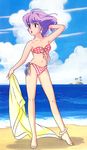  adjusting_hair anklet artist_request barefoot beach bikini creamy_mami day earrings highres island jewelry lipstick mahou_no_tenshi_creamy_mami makeup morisawa_yuu navel official_art outdoors purple_hair sand short_hair solo standing sunglasses swimsuit towel 