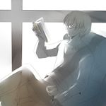  bespectacled book cup drinking_glass fate/stay_night fate/zero fate_(series) gilgamesh glasses jewelry male_focus monochrome necklace reading reclining red_eyes solo spot_color tusia wine_glass 