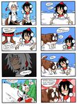  4koma animal_ears belt black_hair blush closed_eyes comic commentary dog eighth_note finnish grin hat inubashiri_momiji left-to-right_manga multiple_4koma multiple_girls musical_note pom_pom_(clothes) red_eyes scarf setz shameimaru_aya shield silver_hair sledding smile smirk snow speech_bubble spoken_musical_note st_bernard tokin_hat touhou translated tree troll_face winter wolf_ears 