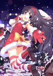  :d alluka_zoldyck androgynous arm_ribbon black_hair bow building chimney christmas_tree fence gloves hairband highres holding hunter_x_hunter kamon_(shinshin) legs_up long_hair looking_at_viewer male_focus open_mouth otoko_no_ko panties purple_eyes red_gloves red_panties ribbon sack smile snowing solo star striped striped_legwear thighhighs underwear 