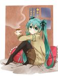  cushion green_eyes green_hair hair_ribbon hatsune_miku highres hot_chocolate long_hair looking_at_viewer pantyhose ribbon sitting solo souen_senri twintails very_long_hair vocaloid window 