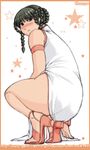  armlet black_hair blush braid brown_eyes champ+ china_dress chinese_clothes dead_or_alive dress from_behind hair_rings high_heels lei_fang long_hair looking_back pelvic_curtain sandals shoes side_slit solo squatting thick_thighs thighs tiptoes twin_braids watermark web_address 
