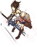  ade_(emi-tan) blue_eyes boots borrowed_character breasts brown_hair faulds full_body highres large_breasts looking_at_viewer markings original panties_(pantsu-pirate) sidelocks sketch solo sword weapon white_background 