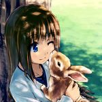  ;) against_tree beidan black_hair blue_eyes bunny dappled_sunlight holding long_hair one_eye_closed original sketch smile solo sunlight tree tree_shade 