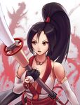  bare_shoulders black_hair breasts brown_eyes cleavage elbow_gloves fingerless_gloves gloves high_ponytail hybridmink jewelry large_breasts long_hair momiji_(ninja_gaiden) ninja_gaiden polearm solo weapon 