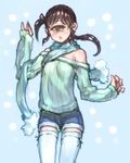  bad_id bad_pixiv_id bare_shoulders brown_hair c.cu cyclops monster_girl off_shoulder one-eyed original ribbed_sweater scarf shorts sleeves_past_wrists solo sweater thighhighs 