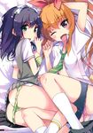  ;d absurdres arm_up ass bike_shorts black_hair bra brown_hair fang green_bra green_eyes green_panties hair_ribbon highres kneehighs kurano_kun_chi_no_futago_jijou kurano_mikoto kurano_yae leg_between_thighs long_hair lying multiple_girls necktie on_back on_side one_eye_closed open_clothes open_mouth panties panty_pull pink_panties ponytail purple_eyes ribbon scan siblings sisters skirt skirt_around_one_leg smile ueshita underwear white_legwear 