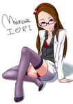  bra brown_hair character_name clearite colorized glasses highres idolmaster idolmaster_(classic) idolmaster_2 long_hair looking_at_viewer minase_iori panties red_bra red_eyes red_panties simple_background smile solo thighhighs underwear white_background 