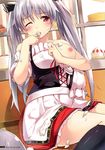  absurdres apron bare_shoulders black_legwear blush breast_slip breasts cccpo corset cream food food_on_body food_on_face highres kneehighs kurano_kun_chi_no_futago_jijou kurano_tomoka large_breasts long_hair nipples one_breast_out red_eyes scan silver_hair sitting solo tray twintails waitress wince 