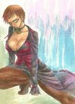  boots breasts brown_eyes brown_hair choker cleavage earrings eyelashes hina_(cassissoda) jewelry large_breasts long_skirt no_bra pantyhose short_hair shorts shorts_under_skirt skirt solo squatting the_king_of_fighters traditional_media vice watercolor_(medium) 