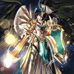  alternate_weapon arm_cannon armor bikini_armor black_hair black_wings bow breasts cape cosplay ear_protection feathers hair_bow hannah_santos league_of_legends leona_(league_of_legends) leona_(league_of_legends)_(cosplay) long_hair medium_breasts mismatched_footwear power_connection radiation_symbol red_eyes reiuji_utsuho shield signature solo sword third_eye touhou weapon wings 