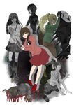  4girls black_hair blonde_hair blood braid brown_eyes brown_hair green_eyes green_shirt highres knife laisse long_hair madotsuki monoe monoko multiple_boys multiple_girls pink_shirt poniko sekomumasada_sensei shirt shitaisan sweater turtleneck twin_braids uboa yume_nikki 