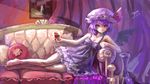  bad_id bad_pixiv_id barefoot bat_wings chemise couch cup dated drinking_glass hat highres myero purple_hair red_eyes remilia_scarlet short_hair signature smile solo touhou wine_glass wings 