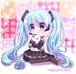  bad_id bad_pixiv_id blue_eyes blue_hair blush boots bunny detached_sleeves happy_birthday hatsune_miku headset hug long_hair looking_at_viewer sitting skirt smile solo sukuneko thigh_boots thighhighs twintails very_long_hair vocaloid wariza 