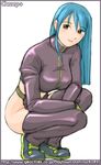  belt blue_hair breasts champ+ chaps cropped_jacket gloves kula_diamond large_breasts long_hair midriff no_panties red_eyes smile solo squatting the_king_of_fighters watermark web_address 