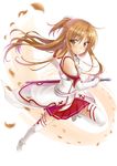  asuna_(sao) bare_shoulders blush braid breastplate brown_eyes brown_hair detached_sleeves half_updo holding leaf long_hair looking_at_viewer okitakung skirt smile solo sword sword_art_online thighhighs weapon white_legwear 