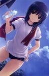  absurdres aoyama_sumika artist_name black_hair bottle buruma cloud coffee-kizoku crease gym_uniform hand_on_hip highres light_smile long_hair original sky smile solo source_request sweat towel towel_around_neck wet 