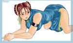  all_fours alternate_costume armlet ass blush breasts brown_hair champ+ china_dress chinese_clothes chun-li double_bun dress hair_ribbon large_breasts pelvic_curtain ribbon short_hair side_slit solo street_fighter 