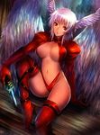  boots breasts center_opening final_fantasy final_fantasy_tactics groin head_wings highleg holding kara_(color) large_breasts large_wings leg_up legs leotard lips navel red_eyes red_legwear red_leotard short_hair silver_hair sitting solo thigh_boots thighhighs thighs ultima_(fft) weapon wings 
