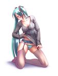  aqua_eyes aqua_hair ass_visible_through_thighs belt blush breasts full_body garter_belt hatsune_miku kneeling long_hair lowleg lowleg_panties medium_breasts no_pants panties ribbed_sweater simple_background solo striped striped_panties sweater thighhighs twintails underwear undressing v-neck very_long_hair vocaloid white_background wokada 