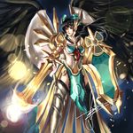  arm_cannon armor bikini_armor black_hair black_legwear black_wings bow breasts cape cosplay crossover ear_protection feathers greaves hair_bow hannah_santos highres league_of_legends leona_(league_of_legends) leona_(league_of_legends)_(cosplay) long_hair medium_breasts mismatched_footwear pauldrons power_connection radiation_symbol red_eyes reiuji_utsuho shield signature solo sword tabard thighhighs third_eye touhou weapon wings 
