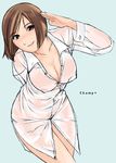  blush breasts brown_eyes brown_hair champ+ character_request cleavage copyright_request crossed_legs large_breasts leaning_forward long_hair naked_shirt nipples salute see-through shirt simple_background solo standing unbuttoned 