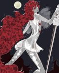  1other alternate_costume androgynous back_cutout colored_eyelashes crystal_hair eyebrows_visible_through_hair full_moon gem gyu_nba32 highres houseki_no_kuni long_hair looking_at_viewer moon night open_clothes padparadscha_(houseki_no_kuni) red_eyes red_hair see-through_sleeves smile solo spoilers sword very_long_hair wavy_hair weapon white_skin 