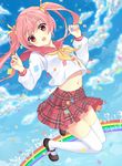  :d bad_id bad_pixiv_id blush cloud confetti dated day hair_ribbon happy_birthday kamon_(shinshin) long_hair navel open_mouth original pink_hair plaid plaid_skirt red_eyes ribbon school_uniform serafuku skirt sky smile thighhighs twintails white_legwear 