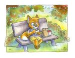  astolpho barefoot blue_eyes canine eyewear food fox glasses male mammal sitting solo 