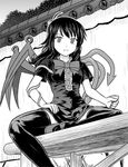  asymmetrical_wings bow dress greyscale houjuu_nue long_hair monochrome smile solo thighhighs touhou tsuyadashi_shuuji wings 