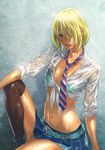  arm_support belt blonde_hair blue_eyes burai_sachiko front-tie_top hair_over_one_eye lips looking_at_viewer mana30row midriff navel necktie school_uniform see-through shiny shiny_skin shirt short_hair skirt sleeves_rolled_up solo tied_shirt tokyo_girls_destruction wet 