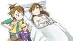  apple bed brown_eyes brown_hair food fruit futami_ami futami_mami hachi_(8bit_canvas) hands_clasped idolmaster idolmaster_(classic) knife light_smile long_hair multiple_girls own_hands_together print_legwear short_hair siblings sisters smile star star_print thighhighs twins under_covers wavy_mouth 
