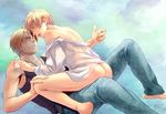  america_(hetalia) ass axis_powers_hetalia blonde_hair blue_eyes blush glasses green_eyes male male_focus moge-hera multiple_boys nude tank_top united_kingdom_(hetalia) wife_beater yaoi 