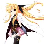  belt blonde_hair blush bow buckle cape fate_testarossa gauntlets gloves hair_bow kanzaki_sora long_hair lyrical_nanoha mahou_shoujo_lyrical_nanoha mahou_shoujo_lyrical_nanoha_a's mahou_shoujo_lyrical_nanoha_the_movie_2nd_a's md5_mismatch red_eyes skirt smile solo thighhighs twintails 