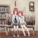  akaza_akane akaza_akari bad_id bad_pixiv_id blush bookshelf clock closed_eyes couch detached_hair hair_bun multiple_girls red_hair siblings sisters sitting syou_(endemic_species) translated v_arms yuru_yuri 