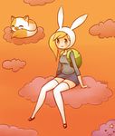  1girl :t adventure_time animal_hood asymmetrical_hair blonde_hair blush breasts bunny_hood cake_(adventure_time) cat cloud eyes_closed fionna frown gem_(antiskullheart08) genderswap gias-ex-machella green_eyes hips hood long_hair lumpy_space_prince open_mouth skirt thighhighs white_legwear wide_hips zettai_ryouiki 