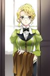  blonde_hair bow crossed_arms dress_shirt glasses hair_bun holding lowres mca_(dessert_candy) open_mouth ribbon rivelta_answer shirt short_hair solo standing sword_girls wavy_hair yellow_eyes 