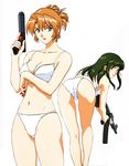  90s agent_aika aika_(series) arm_up ass assault_rifle bangs bare_arms bare_legs bare_shoulders bent_over blue_eyes bra breasts brown_eyes bullet cleavage collarbone cropped_legs crotch_seam earrings extra eyebrows_visible_through_hair folded_ponytail green_hair gun handgun highres holding holding_bullet holding_gun holding_weapon jewelry kneepits lace lace-trimmed_bra lace-trimmed_panties large_breasts lingerie lipstick long_hair looking_back makeup medium_breasts multiple_girls navel official_art panties pantyshot ponytail red_lips rifle scan simple_background smile standing stg44 sumeragi_aika trefoil underwear underwear_only weapon white_background white_bra white_delmo white_panties yamauchi_noriyasu 