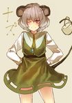  animal_ears capelet dress grey_hair hands_in_pockets irohara_mitabi long_sleeves looking_at_viewer mouse_ears mouse_tail nazrin one_eye_closed red_eyes short_hair smile solo tail touhou 