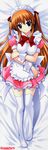  absurdres blue_eyes breasts brown_hair dakimakura dreamparty dress full_body highres huge_filesize long_hair lying maid maid_headdress medium_breasts mutsumi_masato solo thighhighs two_side_up white_legwear wrist_cuffs 