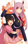  :d animal_ears bad_id bad_pixiv_id black_hair blazer bunny_ears crescent fang hug hug_from_behind inaba_tewi ishiaji jacket lavender_hair long_hair multiple_girls necktie open_mouth red_eyes red_neckwear reisen_udongein_inaba short_hair skirt smile touhou wavy_mouth 