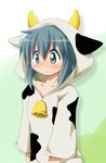  animal_costume animal_ears animal_print bell blue_eyes blue_hair blush collarbone cow_costume cow_ears cow_print hidamari_sketch horns nori shishinon short_hair solo 